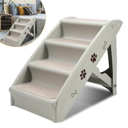 Jiubiaz Hundetreppe Klappbare Haustiertreppe 48,5cm Hoch, 4-Stufig Faltbare Katzentreppe, Hunderampe, Maximale Belastung 75kg, Tiertreppe mit Rutschfester Matte für Hunde und Katzen (grau) von Jiubiaz