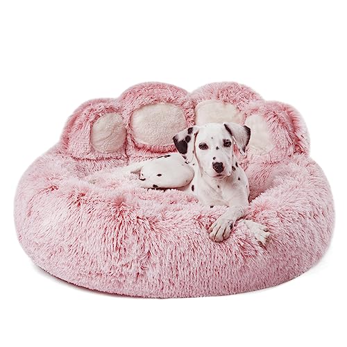 Jiupety Pet Round Hundebett von Pfote Form,Beruhigendes Donut-Hundebettn,Kunstfell-Katzenbett, Jumbo Größe Der Durchmesser beträgt 81cm, bequem und weich,waschmaschinenfest, rosa von Jiupety