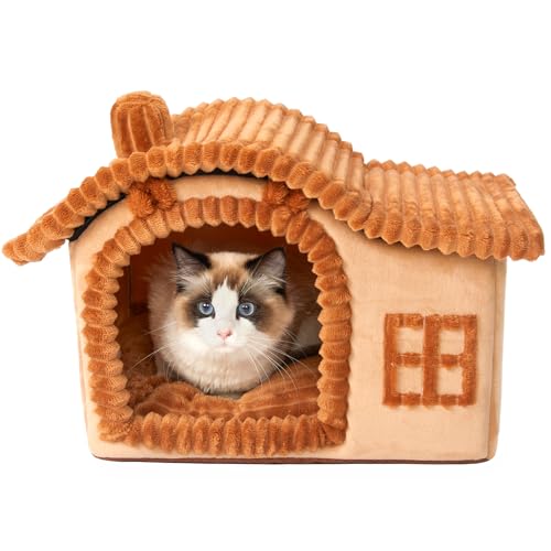 Jiupety Bärenohren-Katzenhaus Indoor, Schornstein-Katzenbett Höhle, Katzenhöhle Warm für 1.4-3.2 kg Katze, Faltbare Mit Herausnehmbarem Anti-Rutsch Großer Raum Cat House für alle Jahreszeiten von Jiupety