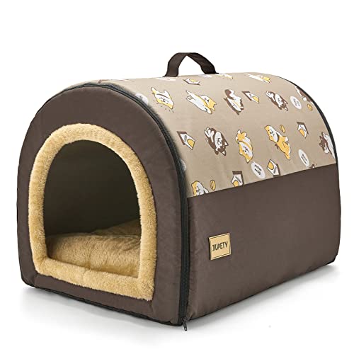 Jiupety Hundehütte Indoor, 2-in-1 Hundehaus für Drinnen, Größe L Hundehöhle Mittelgroße Hunde, Warme Höhle Schlafnest, Braun von Jiupety