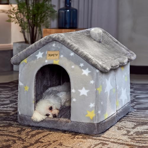 Jiupety Hundehöhle Kleine Hunde mit Sternmuster, Hundehütte Indoor für Katze und Kleine Hunde, Hundehaus für Drinnen, Größe M Hundebett mit Dach, Grey Star von Jiupety