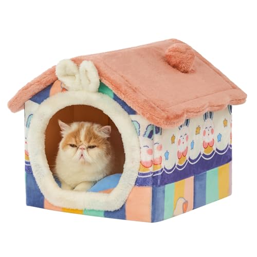 Jiupety Katzenhaus Indoor mit süßen Hasenohren, Katzenhöhle Warm für Katze und Welpen, Größe S Cat House mit Dach, Rainbow Bunny von Jiupety