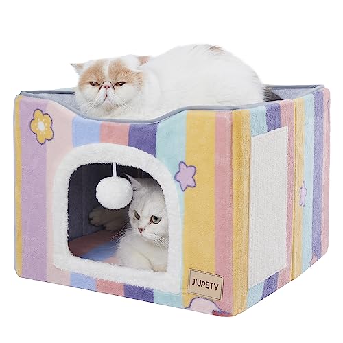 Jiupety Katzenbett für 2 Katzen, Katzenhäuser für Indoor-Katzen mit Kratzunterlage und Katzenballspielzeug, faltbares Katzenhöhle/Kätzchenbett, großer Katzenhöhlenwürfel zum Versteck und niedliches von Jiupety