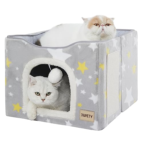 Jiupety Faltbares Katzenhaus Indoor, Katzenhöhle 2 Schicht Würfel Großer Raum Katzenbett für 2 Katzen, Katzenbett mit Kratzbrett und Spielball, Cat Bed 44L x 44W x 36H cm, Classic Star von Jiupety