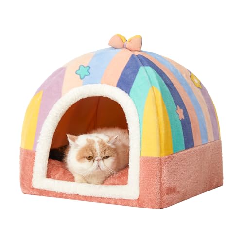 Jiupety Katzenbetten für Indoor-Katzen, niedliches Katzenhaus für Katzen und Welpen, Katzenhöhlenbett mit abnehmbarem Kissen, großes Katzenbett, Katzenversteck, Katzenzelt, 2-in-1 rosa Katzenbett, M von Jiupety