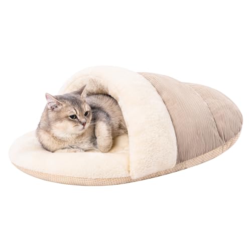 Jiupety Nettes Katzenbett Höhle in Form von Hausschuhe, Waschbares Katzenschlafsack, Weiches Plüsch Katzenhöhle, M-61 cm x 38 cm Cat Bed Katzen Bett mit rutschfestem Boden, Kamel von Jiupety