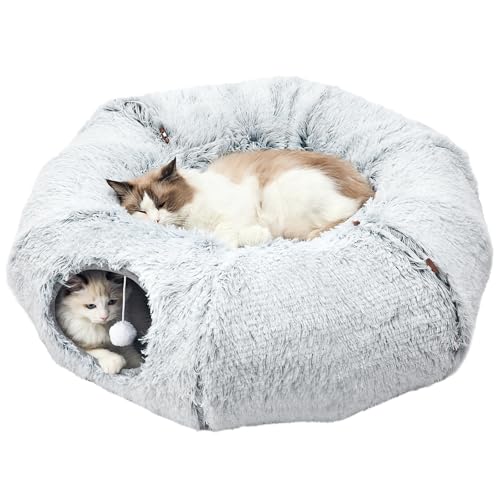 Jiupety Katzentunnel Plüsch mit Schlafplatz, Faltbar Katzentunnel Bett XXL, Katzen Tunnel mit baumelnden Bällen, Cat Tunnel für Katzen, Kaninchen, Frettchen, Light Grey von Jiupety