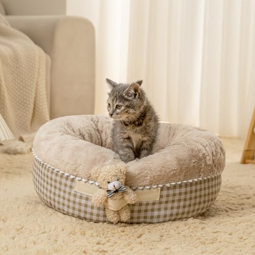 Jiupety Calming Donut Katzenbett, für den Innenbereich, 50,8 x 50,8 cm, passend für 5,4 kg, Camel, Baumwolle, Polyester, PP-Baumwoll-Füllung, rutschfeste Unterseite von Jiupety