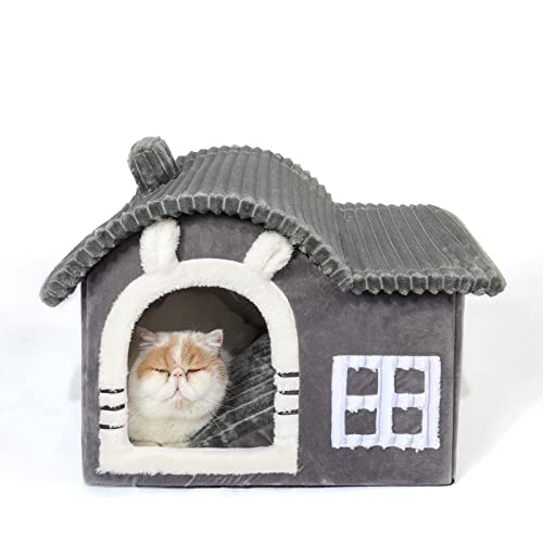 Jiupety Bärenohren-Katzenhaus Indoor, Schornstein-Katzenbett Höhle, Katzenhöhle Warm für 1.4-4.5 kg Katze und Hunde, Faltbare Mit Herausnehmbarem Cat House Cat Bed für alle Jahreszeiten von Jiupety