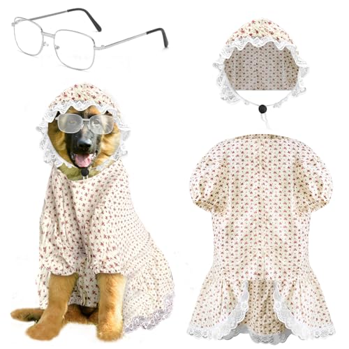 Hundekostüm, alte Dame, Kostüm für große böse Wolf, Oma, Hundekostüm, mit Hundekleid, Hut und Brille für Hunde, Halloween, Party, Cosplay, 3-teilig, Größe 5 XL von Jiytivity