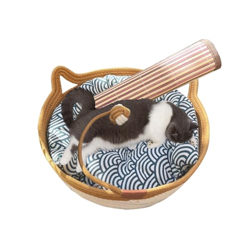 Handgewebtes Katzenbett, Katzenbett aus Baumwollseil | Katzennestkorb, Kratzbaum, Kuscheltier mit Spielseilball - Kätzchenförmiger Katzenhängematten-Schlafnestkorb mit Kühlmatte für Kaninchen und klei von Jlobnyiun