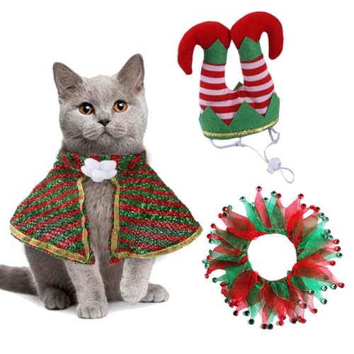 Weihnachtskostüm für Katzen, 3-teilig, aus Plüsch für Haustiere, niedliches Kostüm, Umhang und Hutkragen, verstellbar, bequeme Outfits für Hunde, zum Anziehen von Kostümen, Katzen von Jlobnyiun