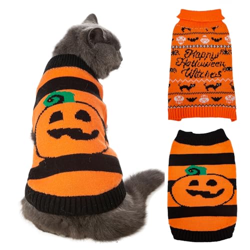 Jnancun Katzen-Halloween-Pullover, 2 Packungen, Katzenpullover nur für Katzen, Rollkragenpullover, Kürbis, Kitty, Totenkopf-Pullover, warmer Winter-Strickpullover für kleine Hunde, Halloween-Kostüm von Jnancun