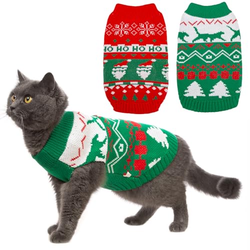 Jnancun Katzen-Weihnachtspullover, 2 Packungen Katzenpullover nur für Katzen, Weihnachts-Outfit, warmer Winter-Strickpullover für kleine Hunde (Größe L, Weihnachten) von Jnancun