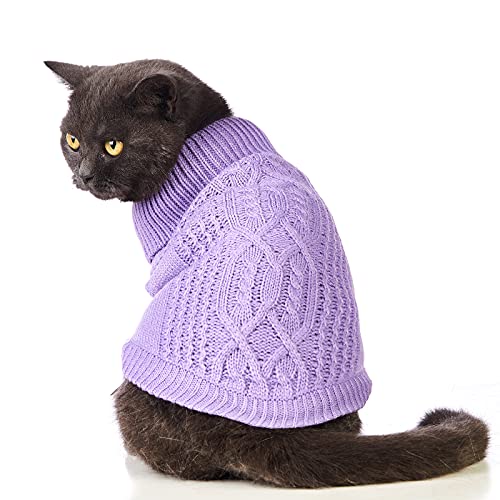 Jnancun Katzenkleidung, Rollkragen, gestrickt, ärmellos, warm, Winter-Kätzchen, Kleidung, Katzen Pulli, Outfits für Katzen oder kleine Hunde in der kalten Jahreszeit (groß, lila) von Jnancun