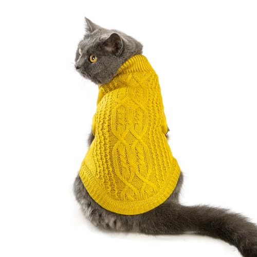 Jnancun Katzenkleidung, Rollkragenpullover, gestrickt, ärmellos, warm, Winter, Kätzchen, Kleidung für Katzen oder kleine Hunde in der kalten Jahreszeit, Dunkelgelb, Größe M von Jnancun