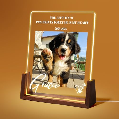 Jodimitty Personalisiert Haustier Gedenktafel aus Acryl, optionales LED-Licht und Holzsockel, mit Foto und Text, Gedenkgeschenke Bilderrahmen Andenken an verstorbenen Hund Katze (Stil A) von Jodimitty