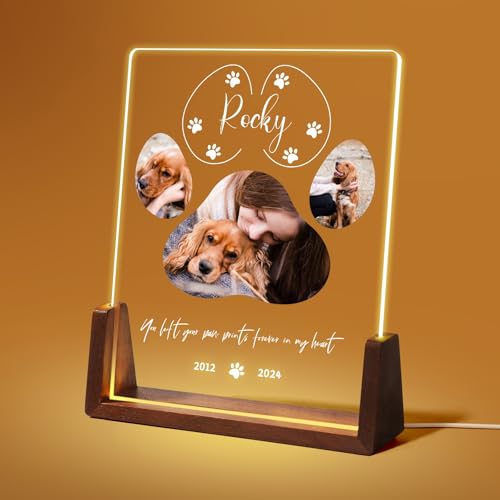 Jodimitty Personalisiert Haustier Gedenktafel aus Acryl, optionales LED-Licht und Holzsockel, mit Foto und Text, Gedenkgeschenke Bilderrahmen Andenken an verstorbenen Hund Katze (Stil B) von Jodimitty