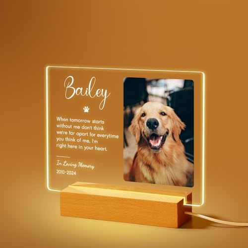 Jodimitty Personalisiert Haustier Gedenktafel aus Acryl, optionales LED-Licht und Holzsockel, mit Foto und Text, Gedenkgeschenke Bilderrahmen Andenken an verstorbenen Hund Katze (Stil C) von Jodimitty