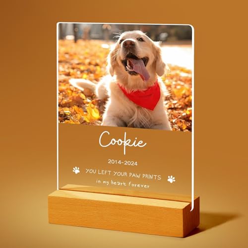 Jodimitty Personalisiert Haustier Gedenktafel aus Acryl, optionales LED-Licht und Holzsockel, mit Foto und Text, Gedenkgeschenke Bilderrahmen Andenken an verstorbenen Hund Katze (Stil D) von Jodimitty