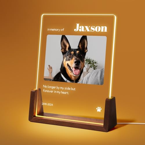 Jodimitty Personalisiert Haustier Gedenktafel aus Acryl, optionales LED-Licht und Holzsockel, mit Foto und Text, Gedenkgeschenke Bilderrahmen Andenken an verstorbenen Hund Katze (Stil F) von Jodimitty