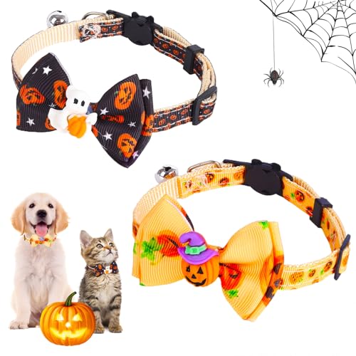 2 Stücke Halloween Katzenhalsbänder Breakaway Katze Halsband mit Glocke Halloween Hundehalsband Weich & Komfort Hunde Halsband für Kleine Mittlere Große Hunde Welpen Katzen,S (Kürbis+Gespenst) von Jodsen