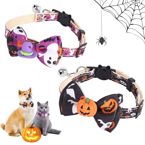 2 Stücke Halloween Katzenhalsbänder Breakaway Katze Halsband mit Glocke Halloween Hundehalsband Weich & Komfort Hunde Halsband für Kleine Mittlere Große Hunde Welpen Katzen,S (Kürbis+Hexenhut) von Jodsen