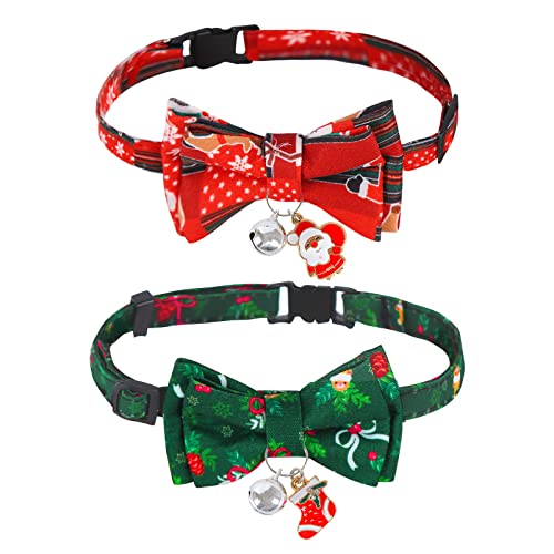 2 tück Weihnachten Katzenhalsband Hundehalsband,Weihnachtliches Katzenhalsband mit Süßer Fliege und Glöckchen Katzenhalsband Weihnachten Katzenhalsbänder mit Schleife für Katzen, Kätzchen und Welpen von Jodsen