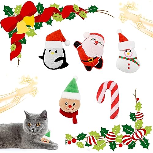 5 Stück Weihnachten Katzenminze Katzenspielzeug Katzenminze Plüschtiere Interaktives Katzen Katzenminze Spielzeug Weichem Plüsch Schneemänner Santa Haustier Spielzeug Katze Kauspielzeug Kissen Kauen von Jodsen