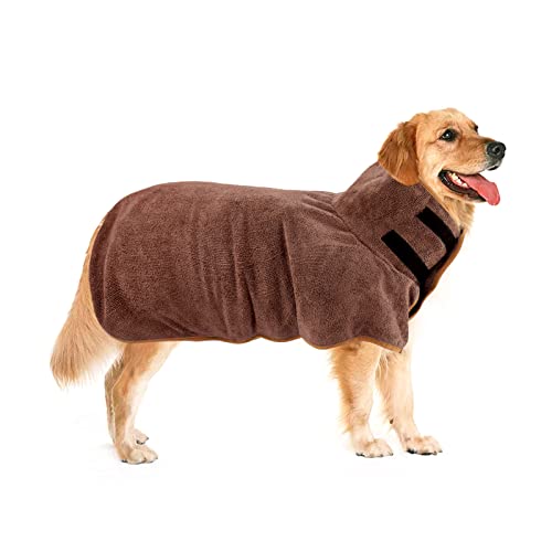 Hunde bademantel,hundehandtuch mittelgroße hunde,Super feuchtigkeit Schnelltrocknend Handtuch,Mikrofaser Handtuch, verstellbarer Kragen und Taillen-Hundetuch für große, mittlere Hunde (XL, Braun) von Jodsen