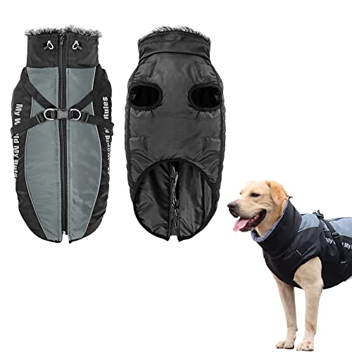 Hundejacke mit Geschirr,Gefütterte Hunde Winterjacke mit Leine wasserdichte Hunde-Winterjacke Wasserdichter Reflektierender Kaltwetter-Hundemäntel mit Geschirr Reißverschluss,Große Hunde 4XL,Schwarz von Jodsen