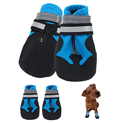 Hundeschuhe,4 STK wasserdichte Hundeschuhe mit reflektierenden Riemen Anti-Rutsch-Sohle Outdoor Pfotenschützer Hundeschuhe für kleine mittelgroße Hunde Winter,Blau (L) von Jodsen