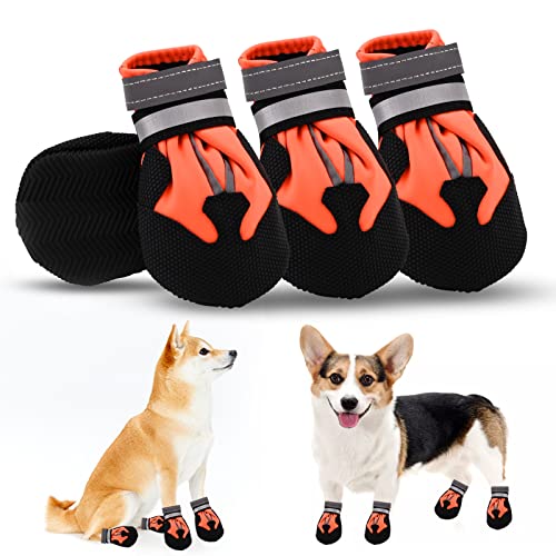 Hundeschuhe,4 STK wasserdichte Hundeschuhe mit reflektierenden Riemen Anti-Rutsch-Sohle Outdoor Pfotenschützer Hundeschuhe für kleine mittelgroße Hunde Winter (Orange,M) von Jodsen