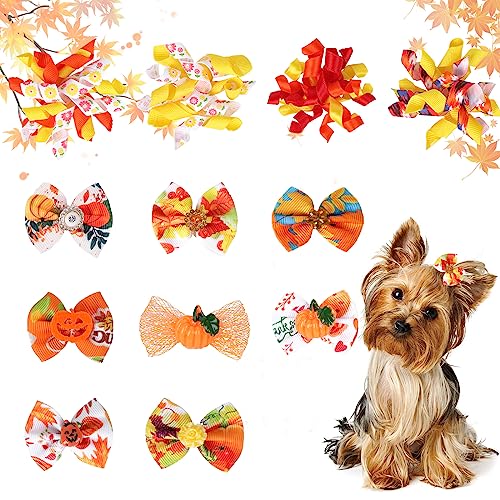 Jodsen 12 Stück Thanksgiving-Hundeschleifen,Hundehaarschleifen Kürbis mit Gummibändern,Thanksgiving-Hundeknotenschleifen,Ernte-Thema Haustier-Haar-Accessoires für Yorkie Hunde Katzen Welpen Kätzchen von Jodsen