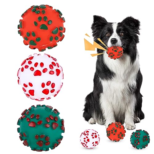 Jodsen 3 Stücke Weihnachts Hunde Spielzeugball 7cm Hund Quietschende Spielzeugzähne Reinigen Kauen Spielzeug Fetch Ball Training Ball Interaktive Hunde Spielzeugball für Innen Puppen Katz von Jodsen