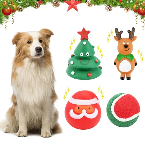 Jodsen 4 Stück Atex Quietsch Hundespielzeug Weihnachtsmann, Weihnachtsbaum, Elch, Tennisbälle, Interaktives Spielzeug für Haustiere Mit Quietsche Geeignet für Haustiere Kleiner mittelgroßer Hunde von Jodsen