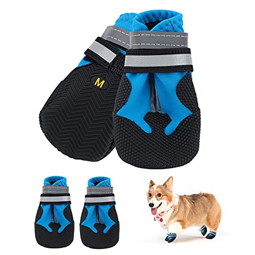 Jodsen Hundeschuhe,4 STK wasserdichte Hundeschuhe mit reflektierenden Riemen Anti-Rutsch-Sohle Outdoor Pfotenschützer Hundeschuhe für kleine mittelgroße Hunde Winter,Blau (M) von Jodsen