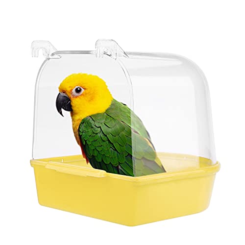 Jodsen Vogel Badewanne,hängende Badewanne Vogelkäfigzubehör mit Haken,Wasserdusche Transparente Box Futterautomaten Halter für kleine Vögel,Kanarienvögel,Wellensittiche,Papagei 13 * 14 * 13cm (Gelb) von Jodsen