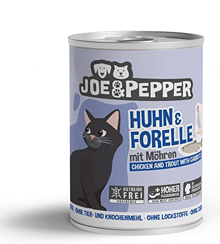 Joe&Pepper Huhn & Forelle m. Möhren 6 x 400g | Getreidefreies Nassfutter für Katzen | Hoher Fleischanteil, Keine künstlichen Zutaten | mit Taurin von Joe&Pepper