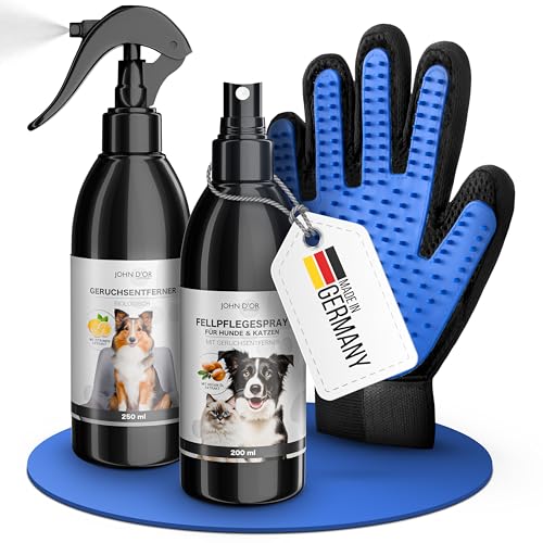 JOHN D'OR HAUSTIERPFLEGESET – 3-in-1-Set für Hunde + Katzen - inkl. Fellpflegespray mit Vitaminen, Reinigungsspray mit Geruchsentferner + Massagehandschuh - Dermatest „sehr gut - chemiefrei von John D'or