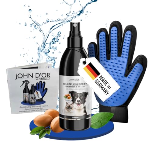 John D'or Fellpflege-Spray. Gesundes Fell für glückliche Hunde und Katzen. Leichte Kämmbareit + Entfilzung, neutralisiert aktiv biologisch unangenehme Gerüche. Mit Massage - Handschuh von John D'or