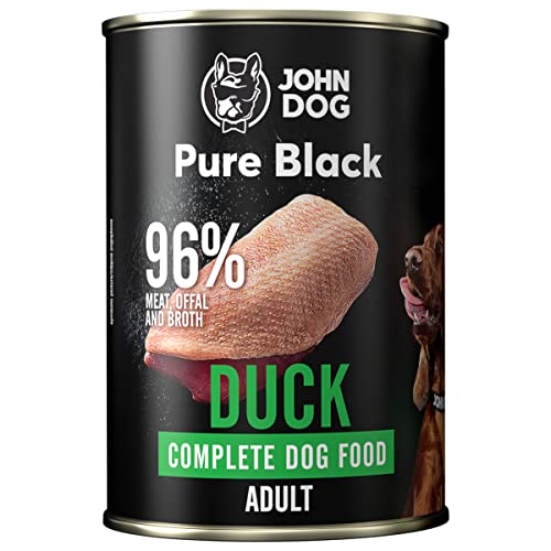 John Dog Nassfutter Pure Black Ente. 400g. 100% naturbelassene, hochwertige Zutaten, 96% Fleisch und Innereien mit Entenbrühe, mit Zusatz von Milchdistel, Mineralien und Bierhefe, frei von von JOHN DOG