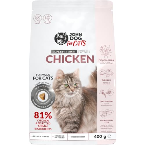 John Dog for Cats - komplettes Trockenfutter für Katzen – geringer Gehalt an Kohlenhydraten und Phosphor – Erwachsene Katzen Aller Rassen – hohe Schmackhaftigkeit – Huhn 0,4 kg von JOHN DOG