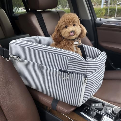 Johnear Hundeautositz Haustier Reise Sitzerhöhung mit 2 Taschen Abnehmbar und Waschbar, Rutschfest Tragbar Katzennest Haustier Tragetasche Bett Puffy Hund Rücksitz Handtasche Kissen, Blau Streifen für kleine Hunde Bett Sofa von Johnear