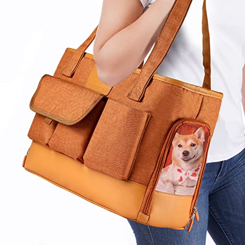 Johomviin Katzentrage, Hundetragetasche, Haustiertragetasche, faltbar, wasserdicht, Premium-PU-Leder, Oxford-Tuch, tragbare Tasche für kleine bis mittelgroße Katzen und kleine Hunde, Braun von Johomviin