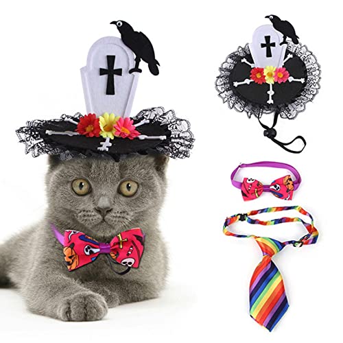 Jomewory Halloween-Kostüme für Hunde und Katzen, atmungsaktives Haustier-Bogenhalsband, Kolsplay-Set – Raben-Grabstein-Kopfbedeckung, Geisterschleifenhalsband, bunte Krawatte für Halloween-Par , von Jomewory