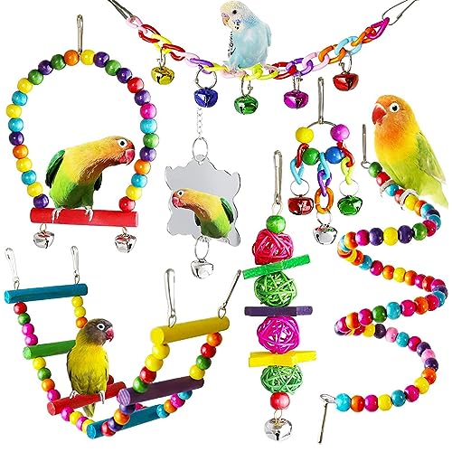 Jortmrd 7 Stück Vogelspielzeug Vogelkäfig Spielzeug Papageienspielzeug Vogel Spielzeug Wellensittiche Kauspielzeug Bunte Glocke Holzleiter Vogelschaukel Sitzplatz für Sittiche Nymphensittich von Jortmrd