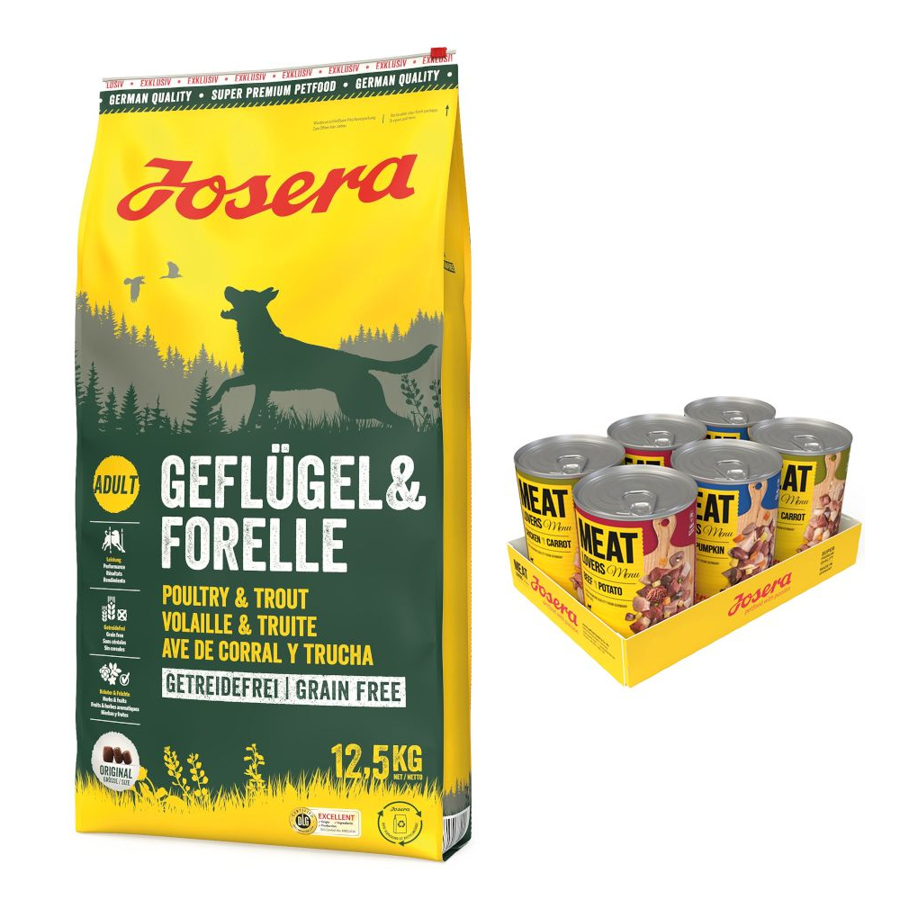 12,5 kg Josera Trockenfutter + 6 x 400 g Meatlovers Menü Nassfutter-Mix gratis! - Geflügel & Forelle 12,5 kg Josera Trockenfutter + 6 x 400 g Meatlovers Menü Nassfutter-Mix gratis! - Geflügel & Forelle von Josera