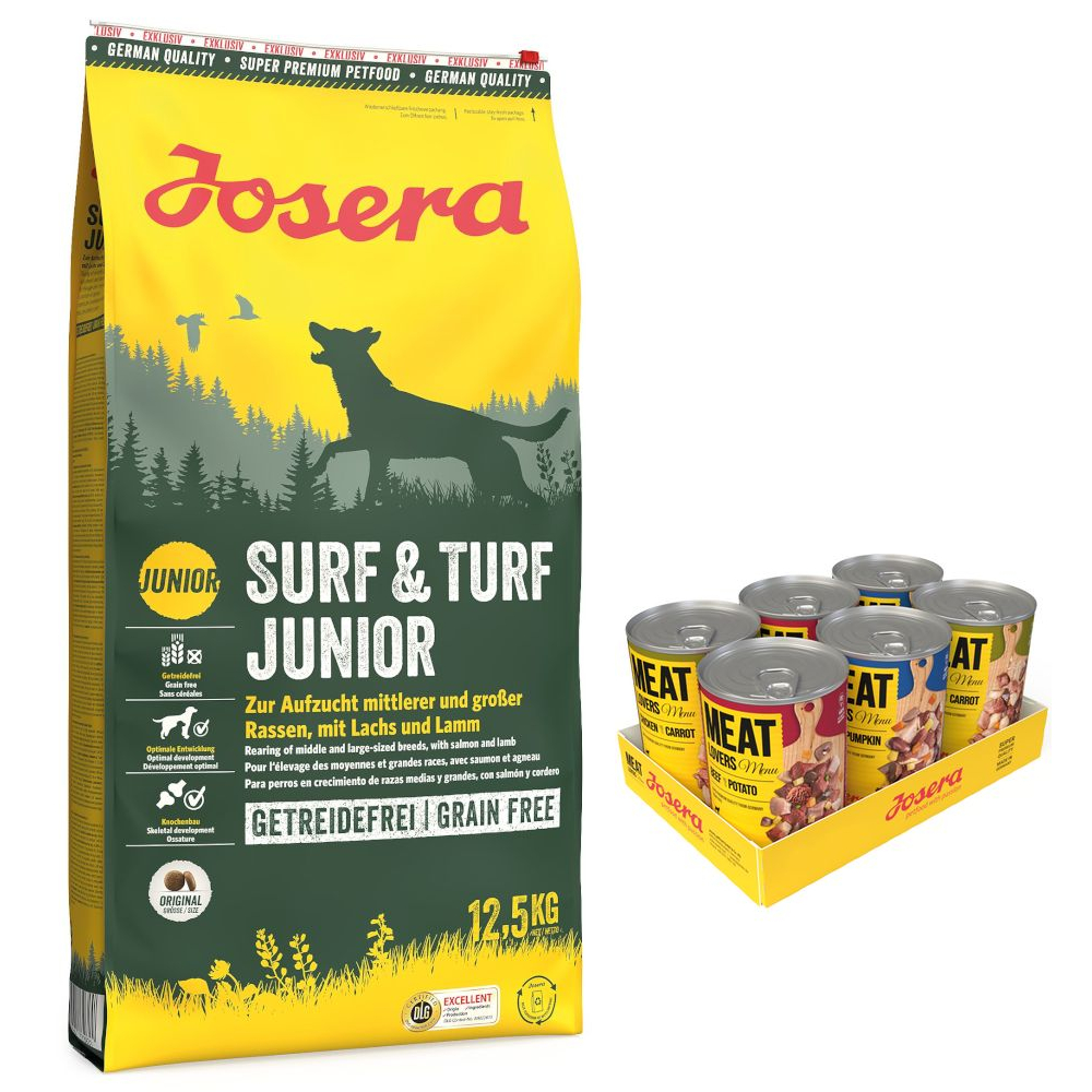 12,5 kg Josera Trockenfutter + 6 x 400 g Meatlovers Menü Nassfutter-Mix gratis! - Surf & Turf Junior mit Lachs & Lamm 12,5 kg Josera Trockenfutter + 6 x 400 g Meatlovers Menü Nassfutter-Mix gratis! - Surf & Turf Junior mit Lachs & Lamm von Josera