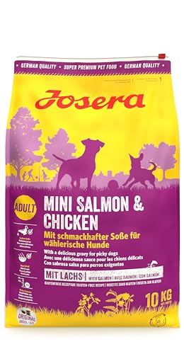 JOSERA Mini Salmon & Chicken (1 x 10 kg) | Adult Mini | Premium Trockenfutter für ausgewachsene Hunde Kleiner Rassen | kleine Kroketten | mit leckerem Soßenpulver auch nass zu verfüttern | 1er Pack von Josera